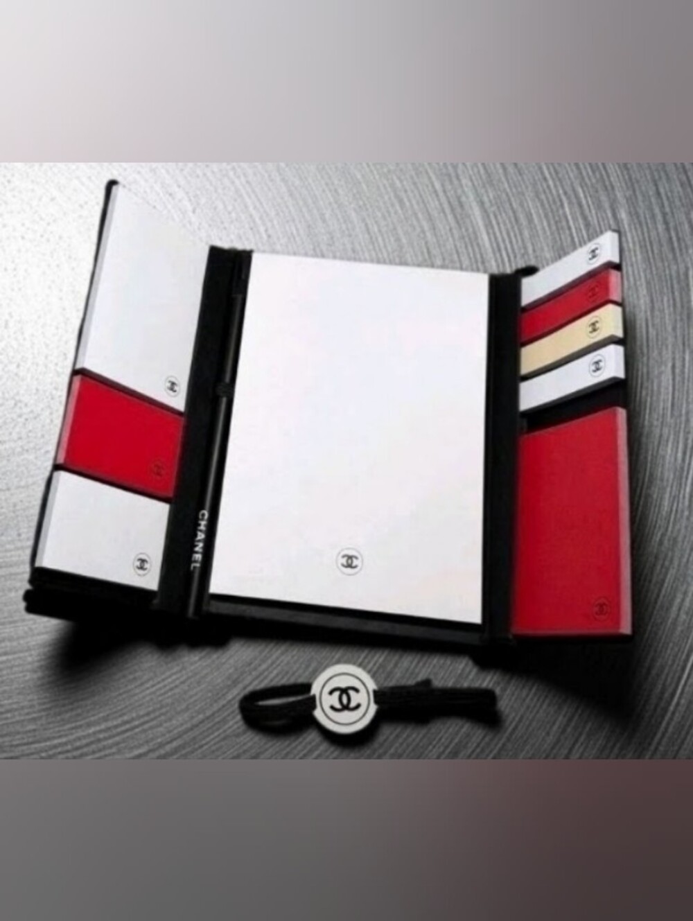 CHANEL White, Black & Red Sticky Note Set With Elastic Logo Strap